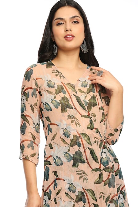 Buy_Soup By Sougat Paul_Peach Crepe, Georgette Floral Motifs V Neck Orchid Bloom Kurta And Palazzo Set  _Online_at_Aza_Fashions