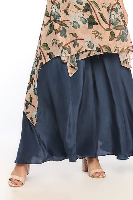 Shop_Soup By Sougat Paul_Peach Crepe, Georgette Floral Motifs V Neck Orchid Bloom Kurta And Palazzo Set  _Online_at_Aza_Fashions