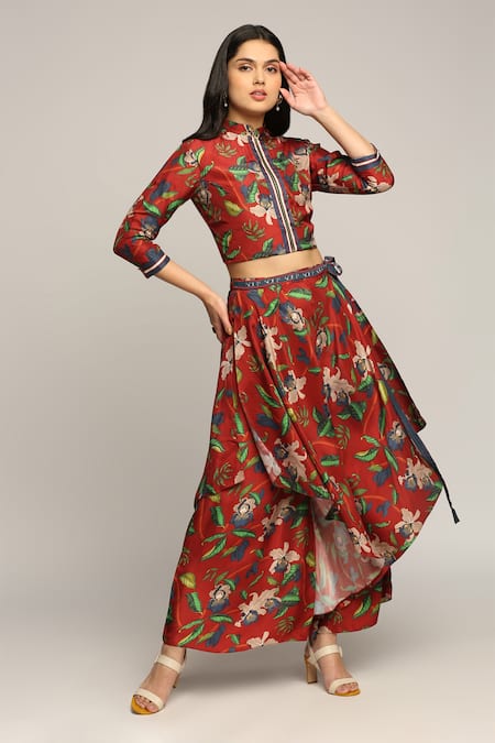 Soup By Sougat Paul_Red Twill Floral Motifs Mandarin Collar Printed Layered Pant And Jacket Set _Online_at_Aza_Fashions