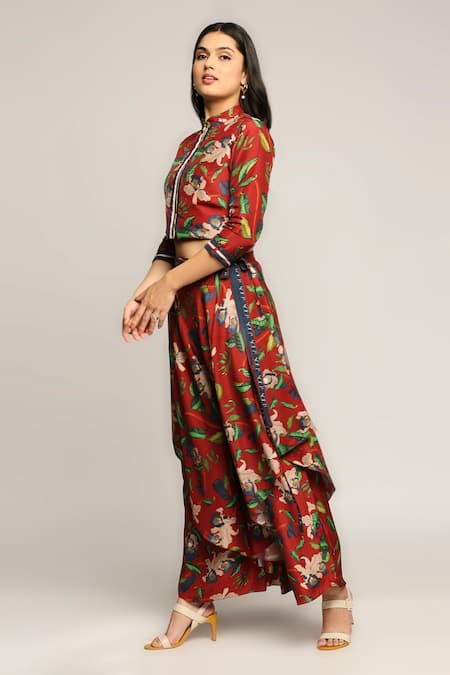 Buy_Soup By Sougat Paul_Red Twill Floral Motifs Mandarin Collar Printed Layered Pant And Jacket Set _Online_at_Aza_Fashions