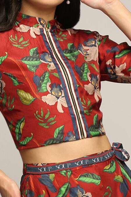 Shop_Soup By Sougat Paul_Red Twill Floral Motifs Mandarin Collar Printed Layered Pant And Jacket Set _Online_at_Aza_Fashions