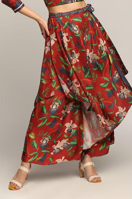 Soup By Sougat Paul_Red Twill Floral Motifs Mandarin Collar Printed Layered Pant And Jacket Set _at_Aza_Fashions