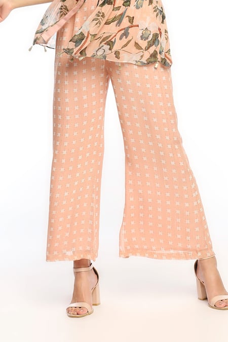 Shop_Soup By Sougat Paul_Peach Georgette Floral Motifs Mandarin Collar Bloom Print Pant And Tunic Set _Online_at_Aza_Fashions