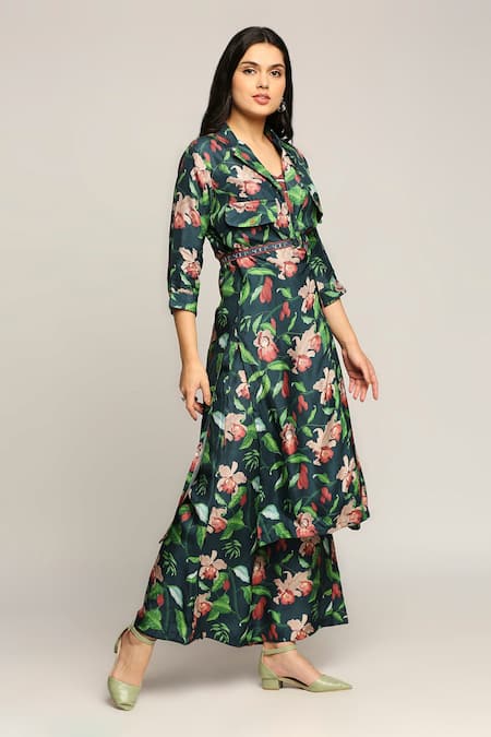 Soup By Sougat Paul_Green Twill Floral Motifs Jacket Lapel Collar Orchid Bloom Print Pant Set With _Online_at_Aza_Fashions
