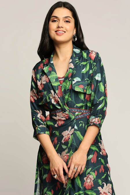 Buy_Soup By Sougat Paul_Green Twill Floral Motifs Jacket Lapel Collar Orchid Bloom Print Pant Set With _Online_at_Aza_Fashions