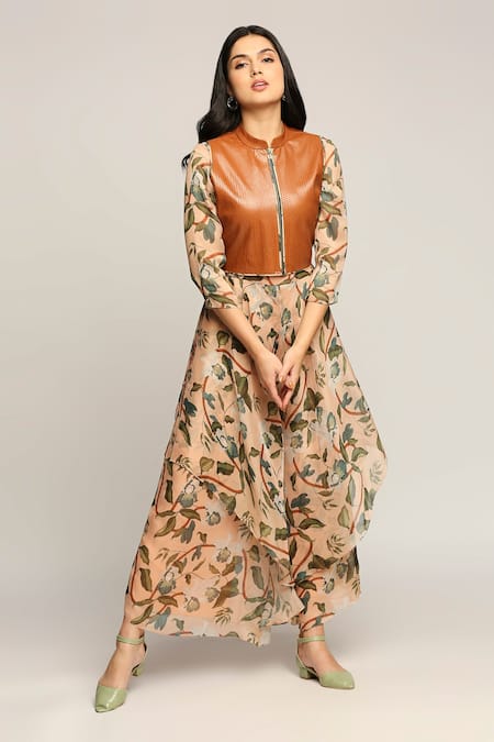 Soup By Sougat Paul_Peach Leather, Shimmer Floral Motifs Jacket Mandarin Printed Jumpsuit With _Online_at_Aza_Fashions