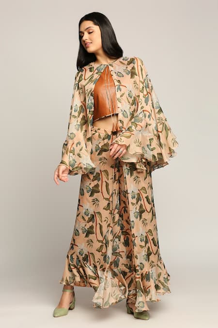 Soup By Sougat Paul_Peach Leather, Shimmer Floral Motifs Round Printed Pant Set With Cape _Online_at_Aza_Fashions