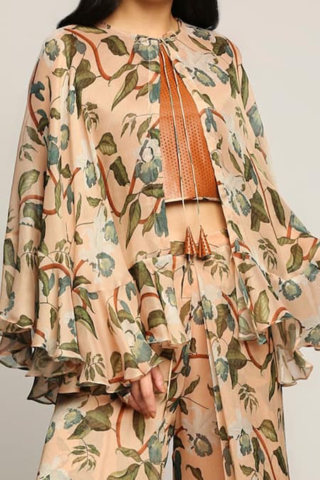 Buy_Soup By Sougat Paul_Peach Leather, Shimmer Floral Motifs Round Printed Pant Set With Cape _Online_at_Aza_Fashions