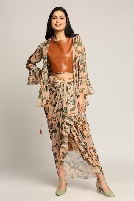Shop_Soup By Sougat Paul_Peach Leather, Shimmer Floral Motifs Round Printed Draped Skirt Set With Jacket _at_Aza_Fashions