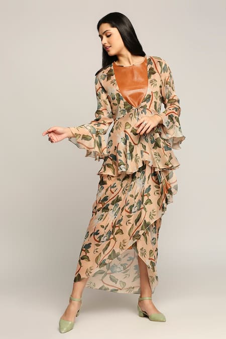 Soup By Sougat Paul_Peach Leather, Shimmer Floral Motifs Round Printed Draped Skirt Set With Jacket _Online_at_Aza_Fashions