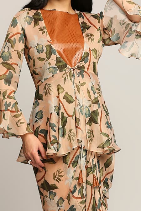 Buy_Soup By Sougat Paul_Peach Leather, Shimmer Floral Motifs Round Printed Draped Skirt Set With Jacket _Online_at_Aza_Fashions