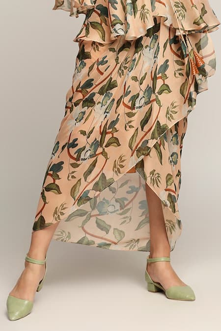 Shop_Soup By Sougat Paul_Peach Leather, Shimmer Floral Motifs Round Printed Draped Skirt Set With Jacket _Online_at_Aza_Fashions
