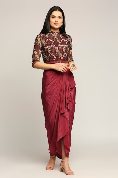 Soup by Sougat Paul Draped Skirt With Printed Jacket 