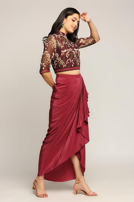 Soup By Sougat Paul_Maroon Crepe, Georgette Floral Motifs Mandarin Draped Skirt With Printed Jacket _Online_at_Aza_Fashions