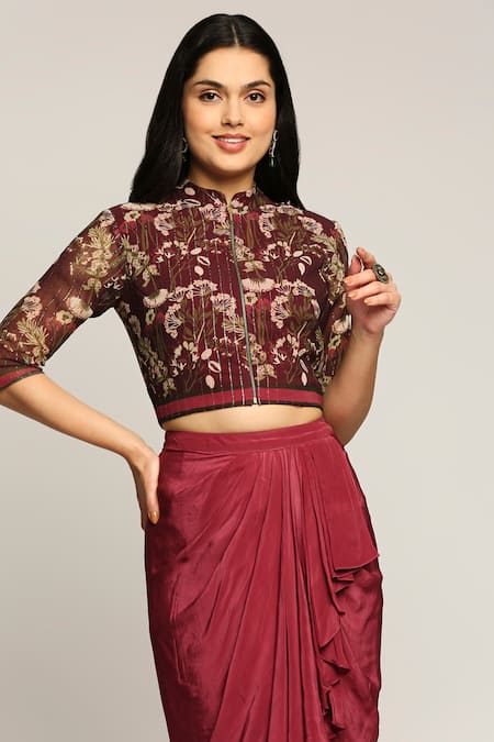 Buy_Soup By Sougat Paul_Maroon Crepe, Georgette Floral Motifs Mandarin Draped Skirt With Printed Jacket _Online_at_Aza_Fashions