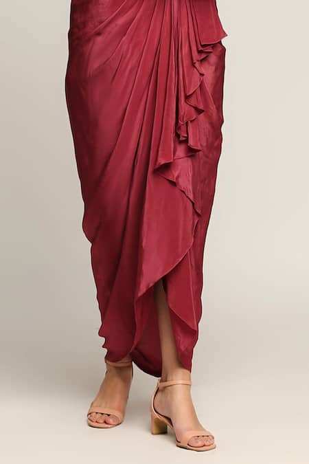 Shop_Soup By Sougat Paul_Maroon Crepe, Georgette Floral Motifs Mandarin Draped Skirt With Printed Jacket _Online_at_Aza_Fashions