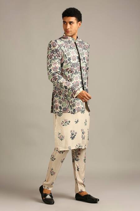 Soup By Sougat Paul Beige Silk Floral Print Bandhgala Set Online at Aza Fashions Soup By Sougat Paul_Beige Silk Floral Print Bandhgala Set _Online_at_Aza_Fashions