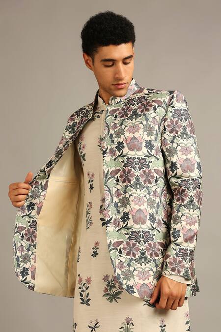 Shop Soup By Sougat Paul Beige Silk Floral Print Bandhgala Set Online at Aza Fashions Shop_Soup By Sougat Paul_Beige Silk Floral Print Bandhgala Set _Online_at_Aza_Fashions