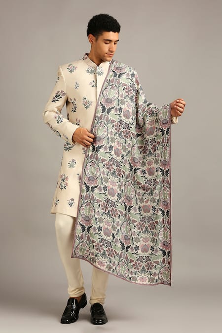 Soup by Sougat Paul Beige Muslin Slub Printed Floral Sherwani Set 