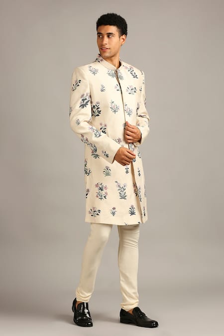 Soup By Sougat Paul_Beige Muslin Slub Floral Print Sherwani Set _Online_at_Aza_Fashions