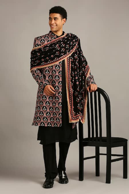 Soup by Sougat Paul Black Muslin Slub Printed Floral Sherwani Set 