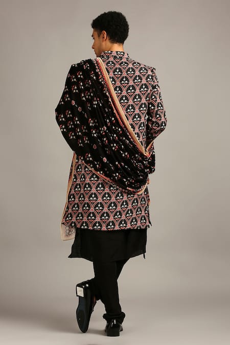 Shop_Soup By Sougat Paul_Black Velvet, Muslin Slub Floral Print Sherwani Set _at_Aza_Fashions