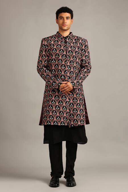 Soup By Sougat Paul_Black Velvet, Muslin Slub Floral Print Sherwani Set _Online_at_Aza_Fashions