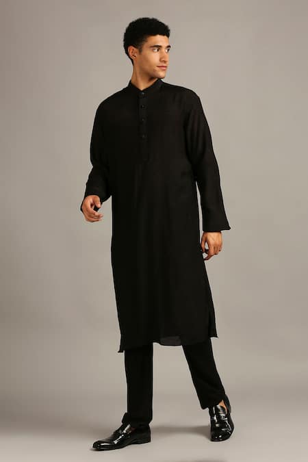 Buy_Soup By Sougat Paul_Black Velvet, Muslin Slub Floral Print Sherwani Set _Online_at_Aza_Fashions