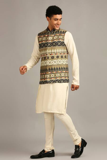 Soup By Sougat Paul Green Silk Floral, Geometric Printed Bundi And Jacket Set Online at Aza Fashions Soup By Sougat Paul_Green Silk Floral, Geometric Printed Bundi And Jacket Set _Online_at_Aza_Fashions