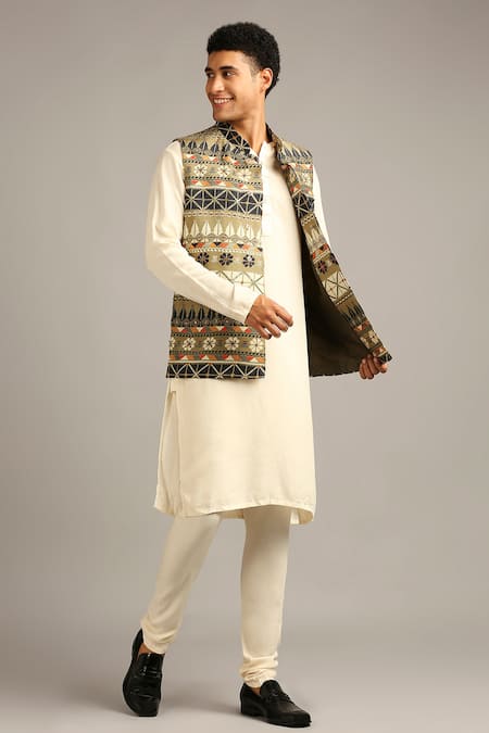 Buy Soup By Sougat Paul Green Silk Floral, Geometric Printed Bundi And Jacket Set Online at Aza Fashions Buy_Soup By Sougat Paul_Green Silk Floral, Geometric Printed Bundi And Jacket Set _Online_at_Aza_Fashions