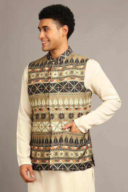 Shop Soup By Sougat Paul Green Silk Floral, Geometric Printed Bundi And Jacket Set Online at Aza Fashions Shop_Soup By Sougat Paul_Green Silk Floral, Geometric Printed Bundi And Jacket Set _Online_at_Aza_Fashions