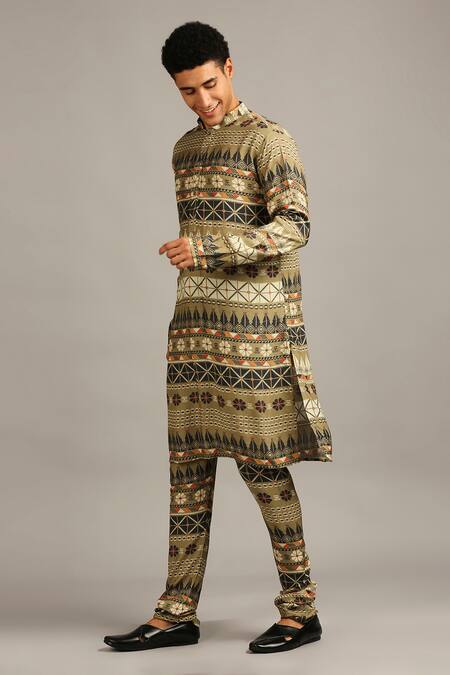 Soup By Sougat Paul Green Muslin Slub Floral, Geometric Printed Kurta Set Online at Aza Fashions Soup By Sougat Paul_Green Muslin Slub Floral, Geometric Printed Kurta Set _Online_at_Aza_Fashions