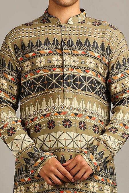 Shop Soup By Sougat Paul Green Muslin Slub Floral, Geometric Printed Kurta Set Online at Aza Fashions Shop_Soup By Sougat Paul_Green Muslin Slub Floral, Geometric Printed Kurta Set _Online_at_Aza_Fashions