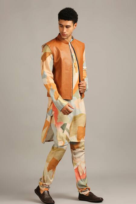 Soup By Sougat Paul Multi Color Leather, Muslin Slub Abstract Cutwork Bundi And Printed Kurta Set Online at Aza Fashions Soup By Sougat Paul_Multi Color Leather, Muslin Slub Abstract Cutwork Bundi And Printed Kurta Set _Online_at_Aza_Fashions
