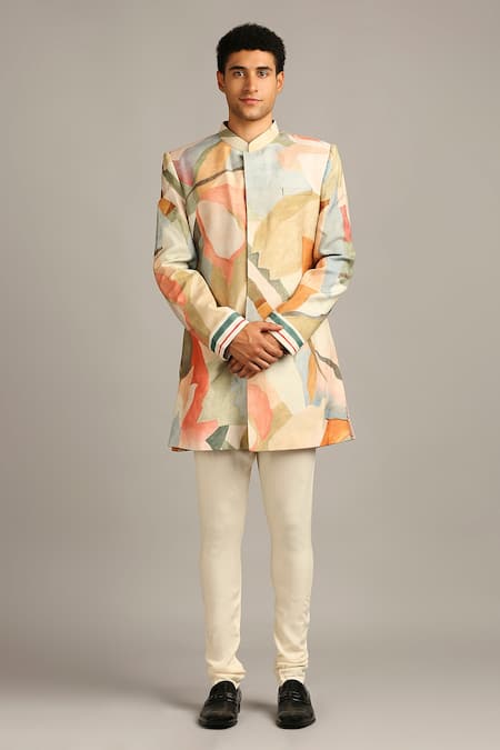 Soup By Sougat Paul_Multi Color Muslin Slub Abstract Print Sherwani Set _Online_at_Aza_Fashions