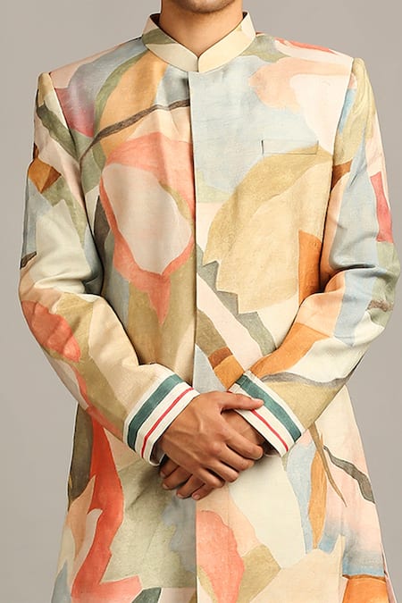 Shop_Soup By Sougat Paul_Multi Color Muslin Slub Abstract Print Sherwani Set _Online_at_Aza_Fashions