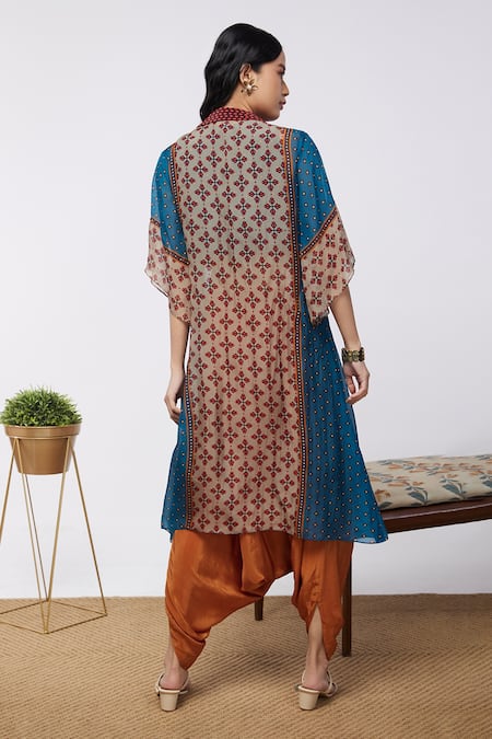 Shop Soup By Sougat Paul Blue Jacket Organza, Top And Dhoti Crepe Element Crop Top Printed & Pant Set at Aza Fashions Shop_Soup By Sougat Paul_Blue Jacket Organza, Top And Dhoti Crepe Element Crop Top Printed & Pant Set _at_Aza_Fashions