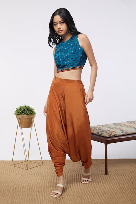 Soup By Sougat Paul Blue Jacket Organza, Top And Dhoti Crepe Element Crop Top Printed & Pant Set Online at Aza Fashions Soup By Sougat Paul_Blue Jacket Organza, Top And Dhoti Crepe Element Crop Top Printed & Pant Set _Online_at_Aza_Fashions