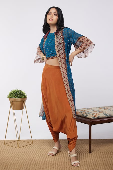 Buy Soup By Sougat Paul Blue Jacket Organza, Top And Dhoti Crepe Element Crop Top Printed & Pant Set Online at Aza Fashions Buy_Soup By Sougat Paul_Blue Jacket Organza, Top And Dhoti Crepe Element Crop Top Printed & Pant Set _Online_at_Aza_Fashions