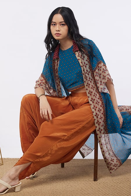 Shop Soup By Sougat Paul Blue Jacket Organza, Top And Dhoti Crepe Element Crop Top Printed & Pant Set Online at Aza Fashions Shop_Soup By Sougat Paul_Blue Jacket Organza, Top And Dhoti Crepe Element Crop Top Printed & Pant Set _Online_at_Aza_Fashions