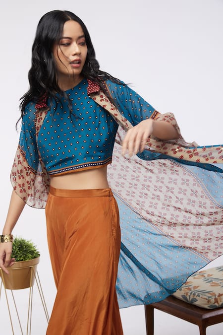Soup By Sougat Paul Blue Jacket Organza, Top And Dhoti Crepe Element Crop Top Printed & Pant Set at Aza Fashions Soup By Sougat Paul_Blue Jacket Organza, Top And Dhoti Crepe Element Crop Top Printed & Pant Set _at_Aza_Fashions