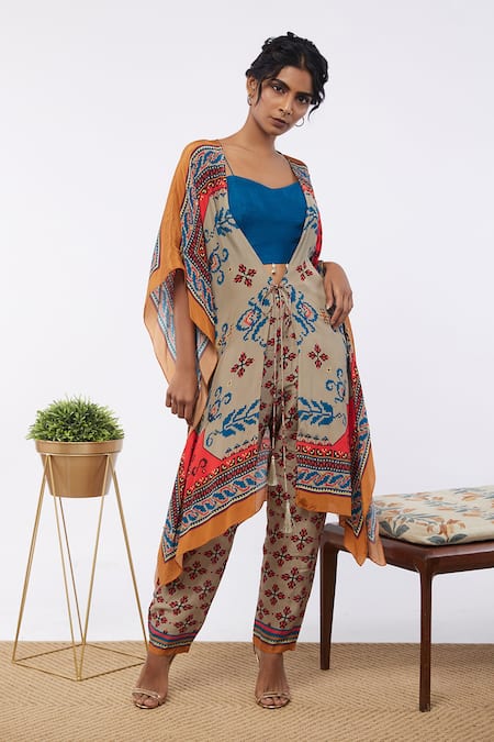 Shop Soup By Sougat Paul Multi Color Bottom And Jacket Crepe, Top Silk Floral, Printed & Pant Set at Aza Fashions Shop_Soup By Sougat Paul_Multi Color Bottom And Jacket Crepe, Top Silk Floral, Printed & Pant Set _at_Aza_Fashions