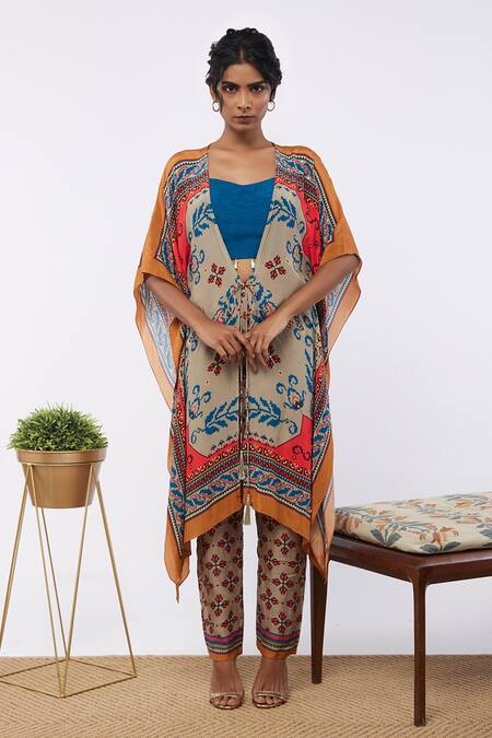 Soup By Sougat Paul Multi Color Bottom And Jacket Crepe, Top Silk Floral, Printed & Pant Set Online at Aza Fashions Soup By Sougat Paul_Multi Color Bottom And Jacket Crepe, Top Silk Floral, Printed & Pant Set _Online_at_Aza_Fashions