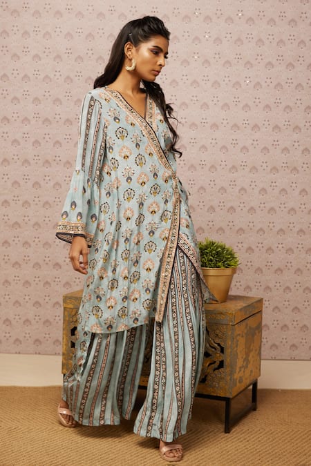 Soup By Sougat Paul_Blue Crepe Floral, Sarouk V Neck Embroidered Angrakha And Palazzo Set _Online_at_Aza_Fashions