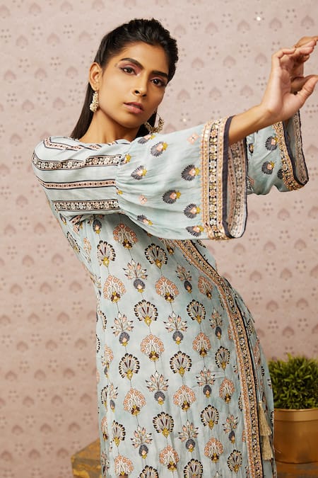 Buy_Soup By Sougat Paul_Blue Crepe Floral, Sarouk V Neck Embroidered Angrakha And Palazzo Set _Online_at_Aza_Fashions