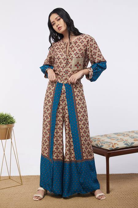 Shop Soup By Sougat Paul Multi Color Bottom Crepe, Top Satin Linen Element Keyhole Print And Palazzo Set at Aza Fashions Shop_Soup By Sougat Paul_Multi Color Bottom Crepe, Top Satin Linen Element Keyhole Print And Palazzo Set _at_Aza_Fashions
