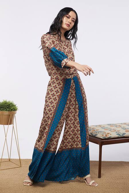 Soup By Sougat Paul Multi Color Bottom Crepe, Top Satin Linen Element Keyhole Print And Palazzo Set Online at Aza Fashions Soup By Sougat Paul_Multi Color Bottom Crepe, Top Satin Linen Element Keyhole Print And Palazzo Set _Online_at_Aza_Fashions