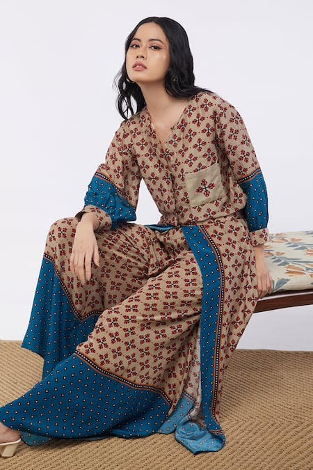 Buy Soup By Sougat Paul Multi Color Bottom Crepe, Top Satin Linen Element Keyhole Print And Palazzo Set Online at Aza Fashions Buy_Soup By Sougat Paul_Multi Color Bottom Crepe, Top Satin Linen Element Keyhole Print And Palazzo Set _Online_at_Aza_Fashions