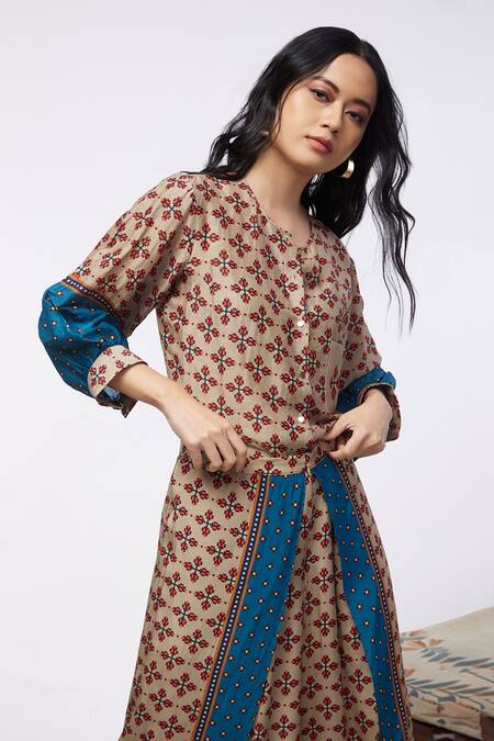 Shop Soup By Sougat Paul Multi Color Bottom Crepe, Top Satin Linen Element Keyhole Print And Palazzo Set Online at Aza Fashions Shop_Soup By Sougat Paul_Multi Color Bottom Crepe, Top Satin Linen Element Keyhole Print And Palazzo Set _Online_at_Aza_Fashions