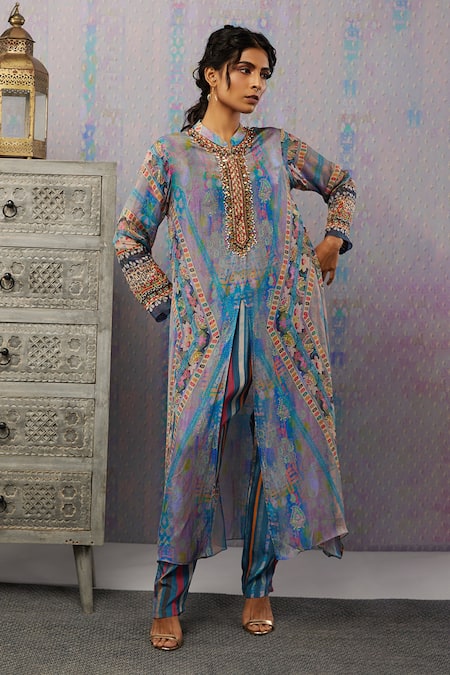 Soup By Sougat Paul_Multi Color Bottom Crepe, Top Chiffon Paisley, Embroidered Kurta And Pant Set _Online_at_Aza_Fashions
